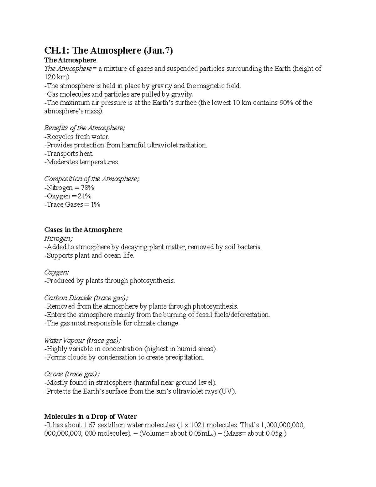 CH.1 - The Atmosphere - Lecture Notes - CH: The Atmosphere (Jan) The ...