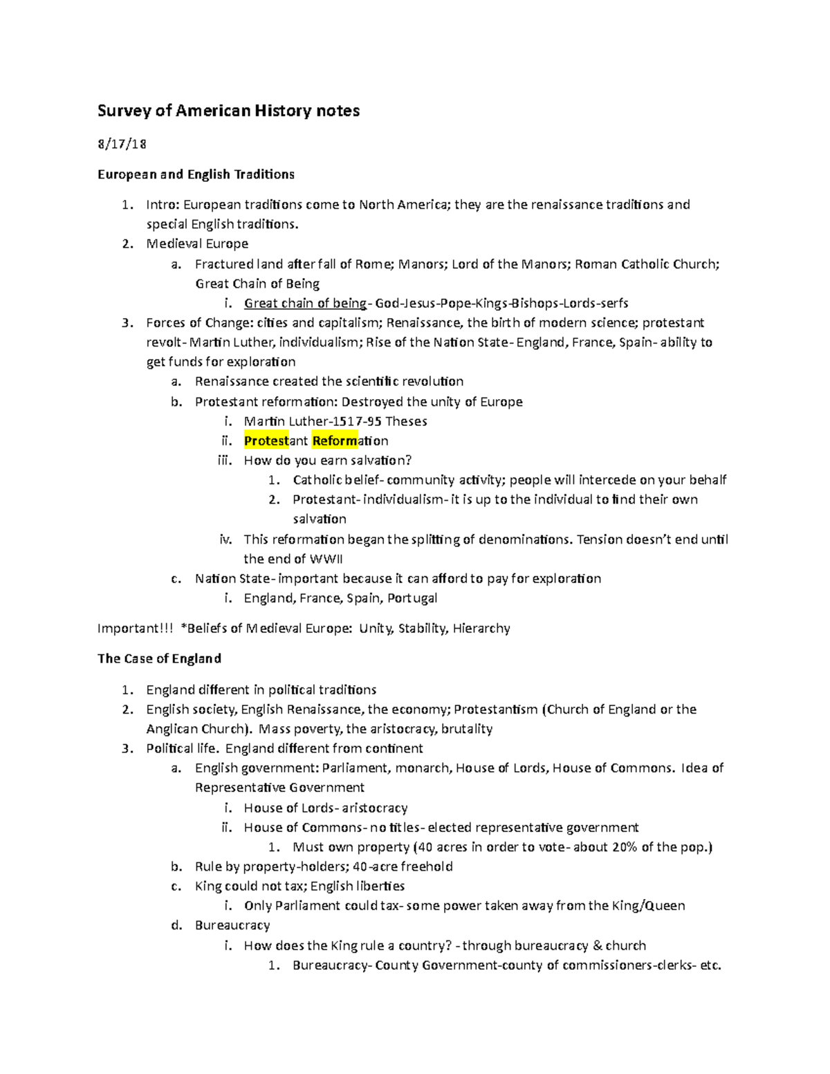 Midterm 1 Study Guide - Survey of American History notes 8/17/ European ...