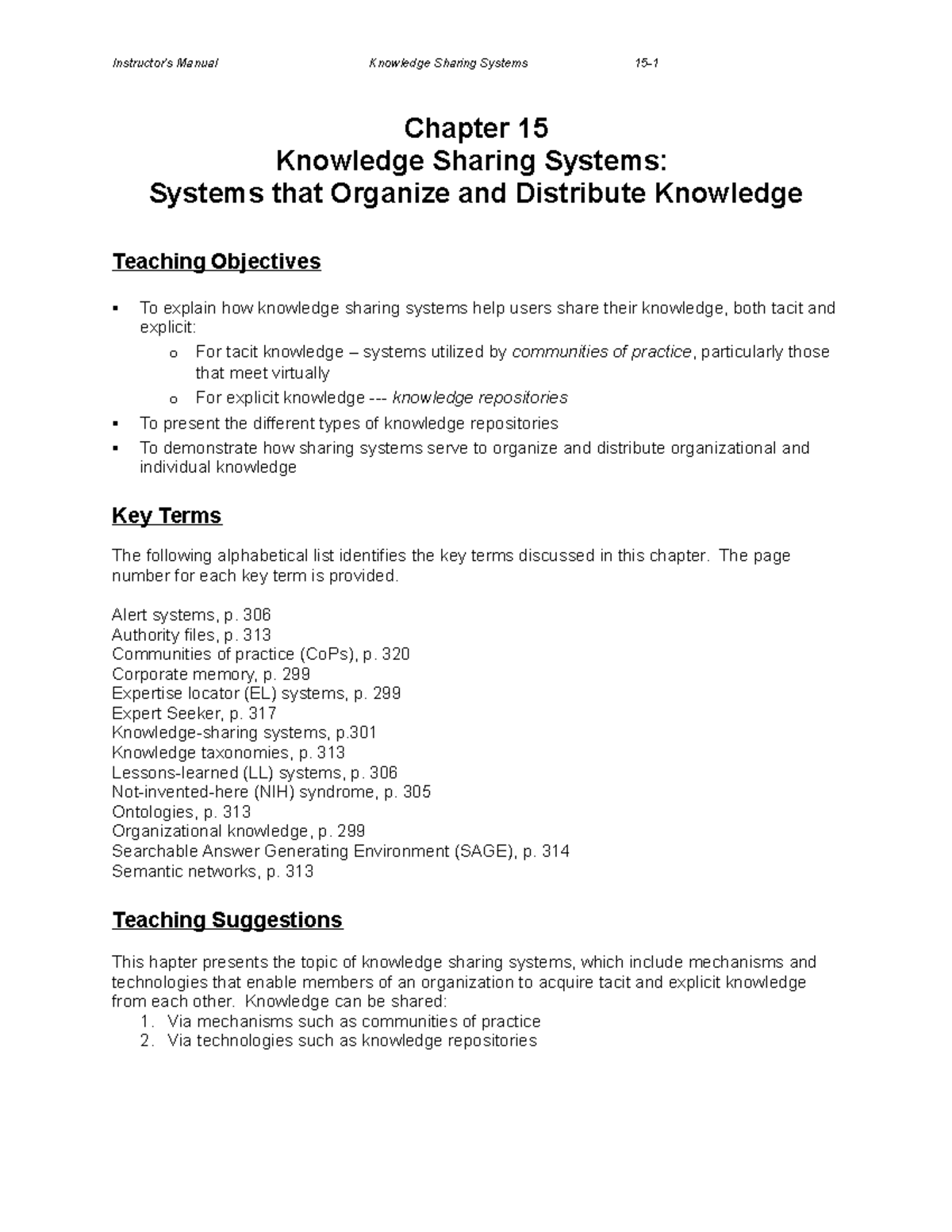 LN Knowledge Sharing - Lecture notes 4 - Chapter 15 Knowledge Sharing ...