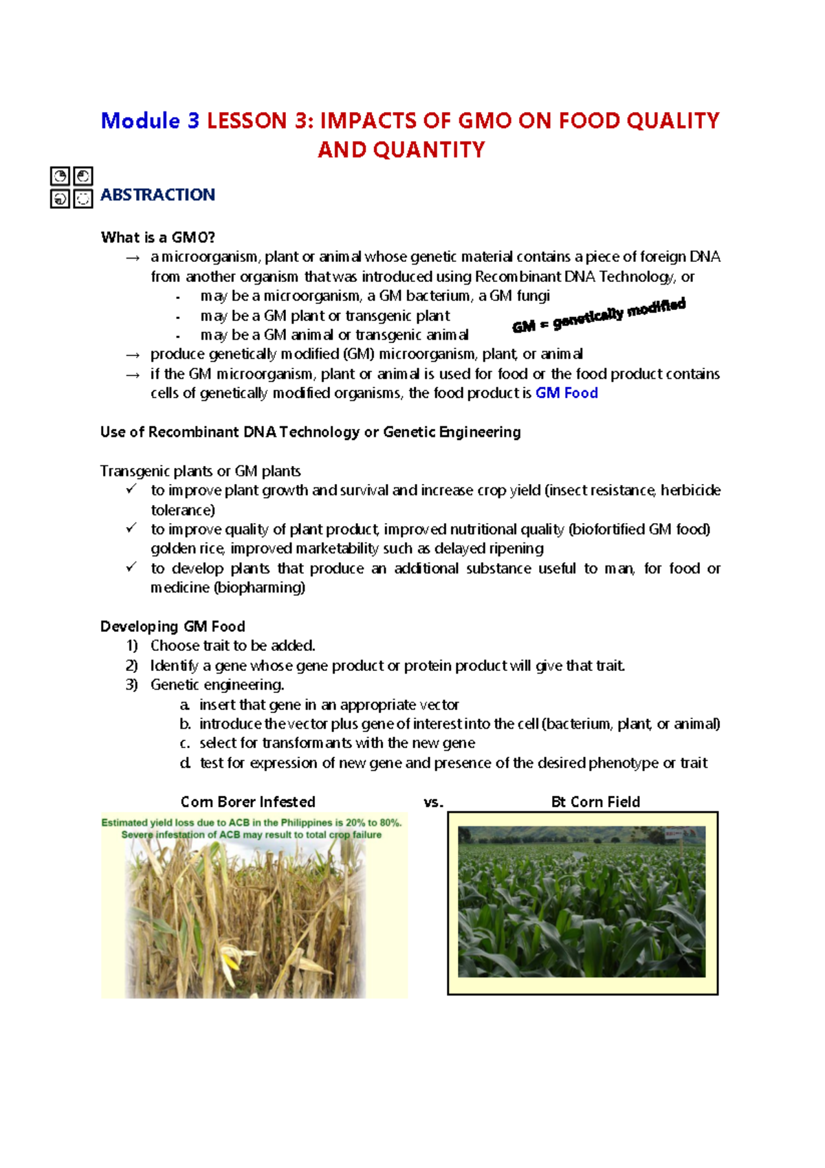 Module 3 Lesson 3 Impacts of GMO on Food Quality and Quantity - Module ...