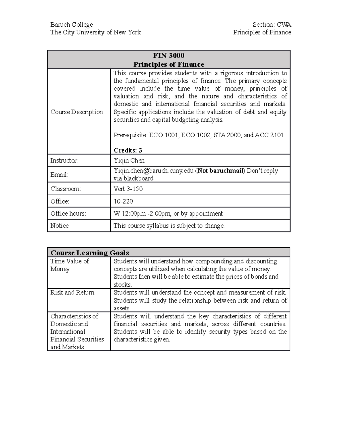 Fin3000 CWA - Uuuuu - The City University Of New York Principles Of ...