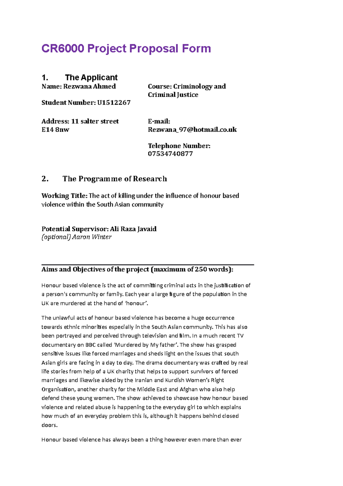 Project Proposal Form CR6000 - CR6000 Project Proposal Form 1. The ...