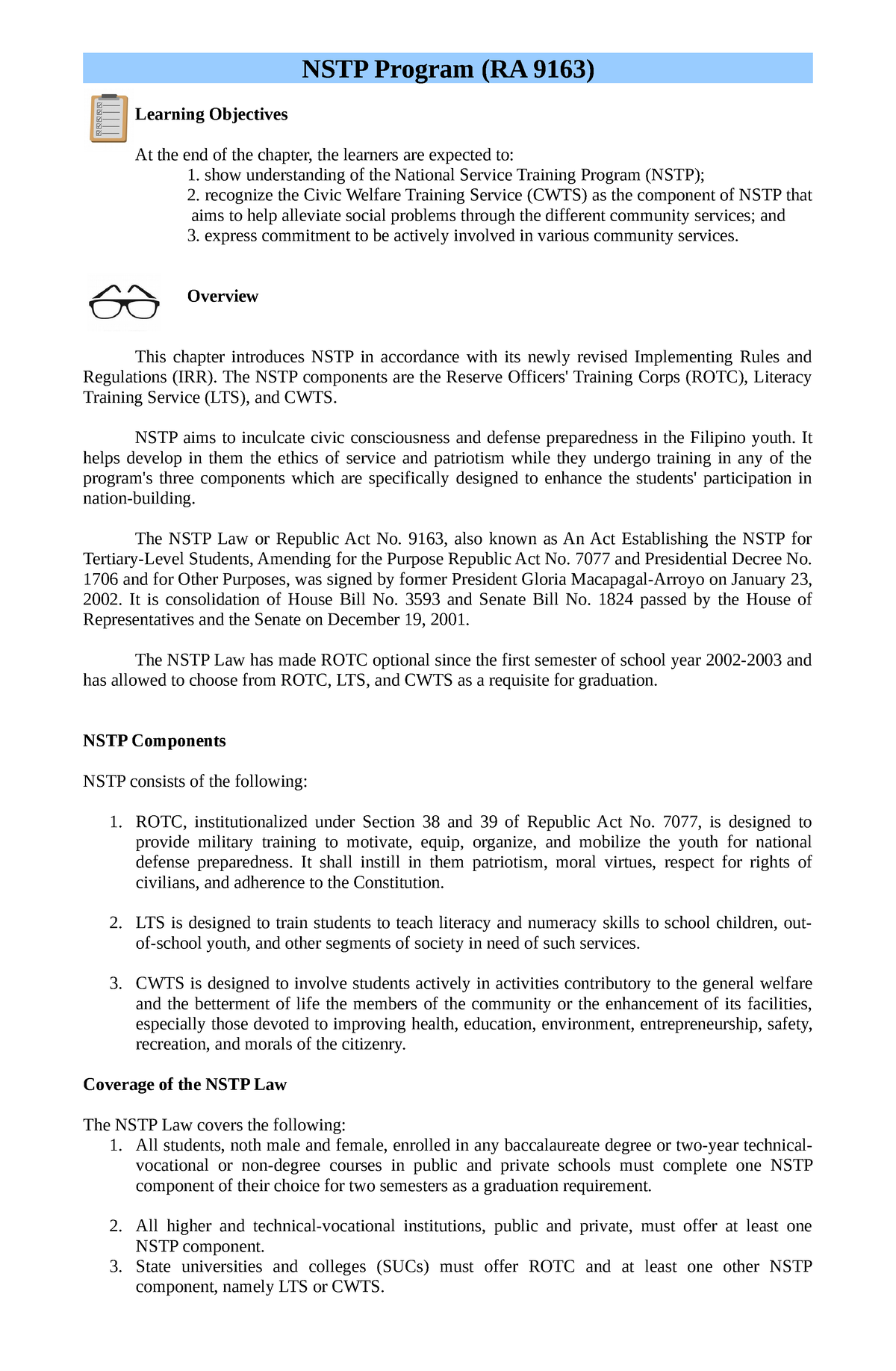 NSTP Program RA 9163 - Lecture Notes Unit 1 Of NSTP - NSTP Program (RA ...