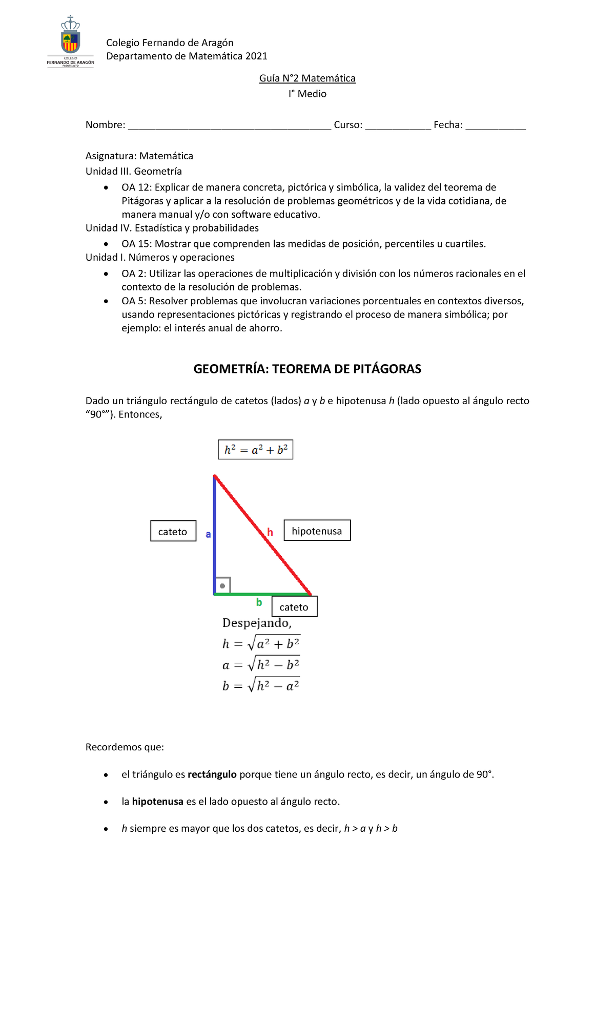 GUIA No 2 Matematica 1o Medio Abril - Departamento de Matemática 2021 ...