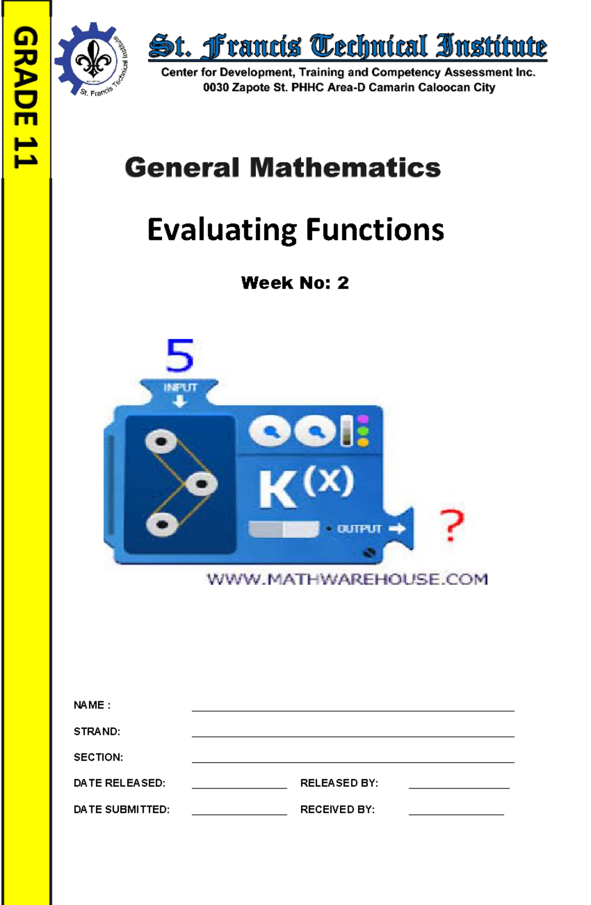WEEK 2 General Mathematics - Copy - Evaluating Functions NAME : - Studocu