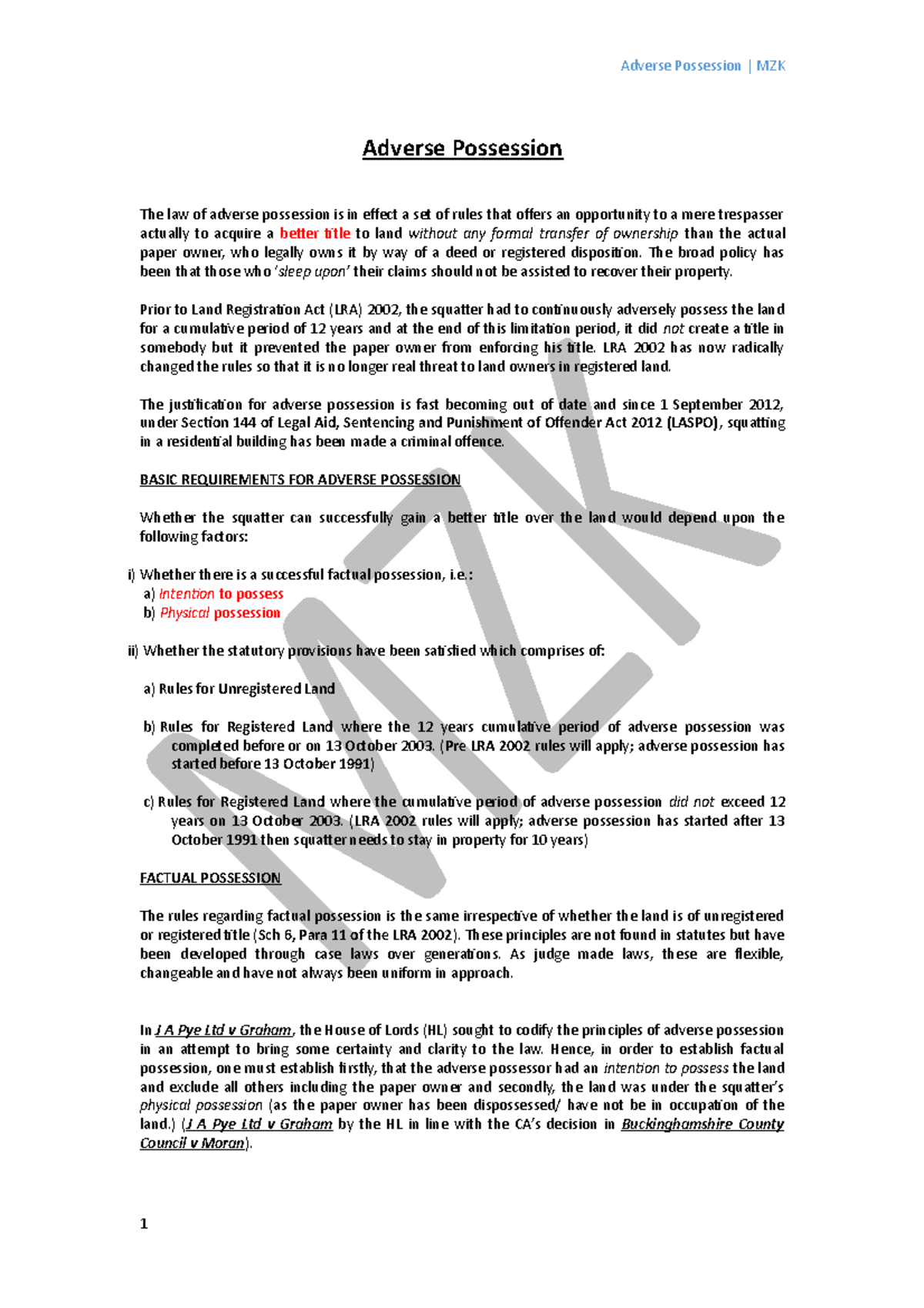 Adverse Possession (Property Law LLB) Adverse Possession The law of