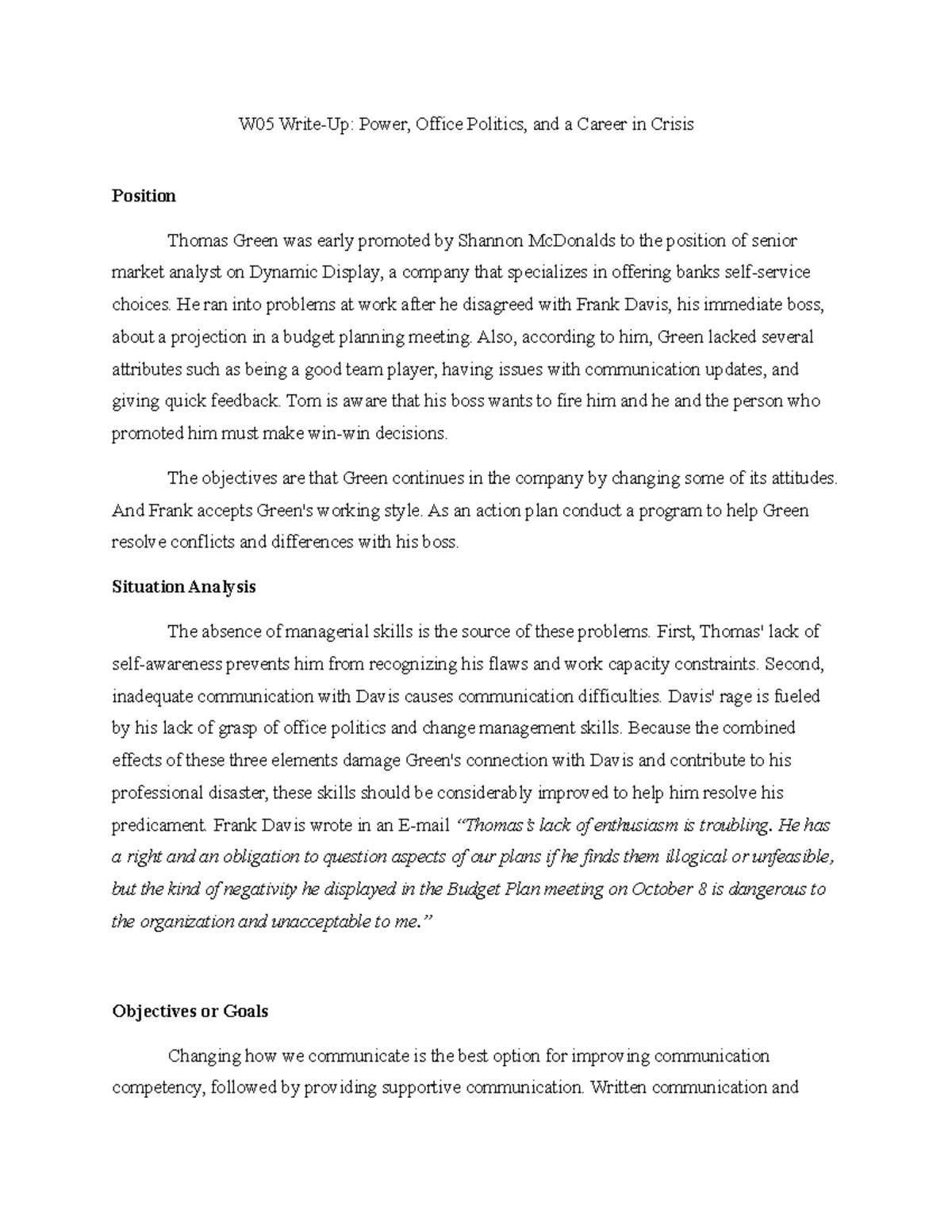 Write-Up Power Office Politics and a Career in Crisis - W05 Write-Up ...