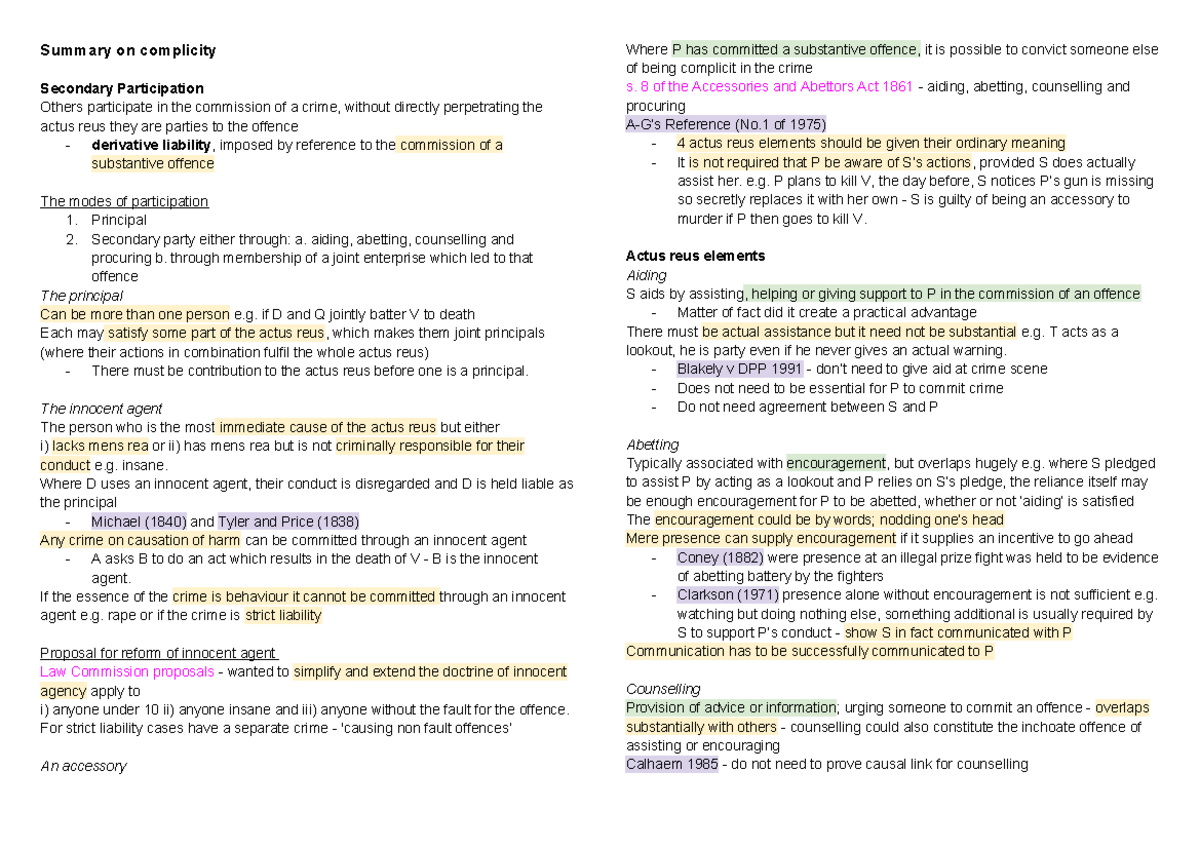 Summary on complicity - Summary on complicity Secondary Participation ...