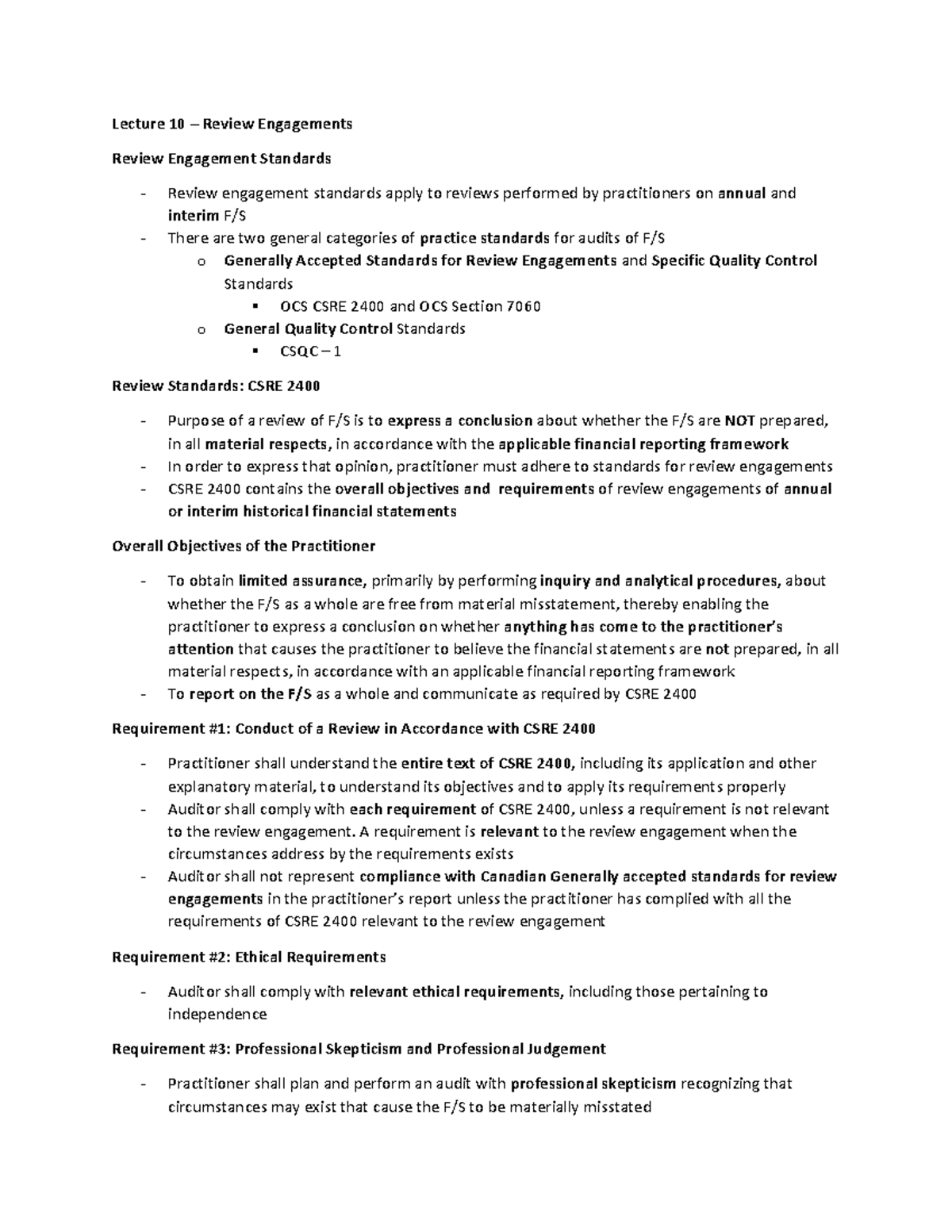 Lecture 10 Review Engagements Lecture 10 Review Engagements Review Engagement Standards