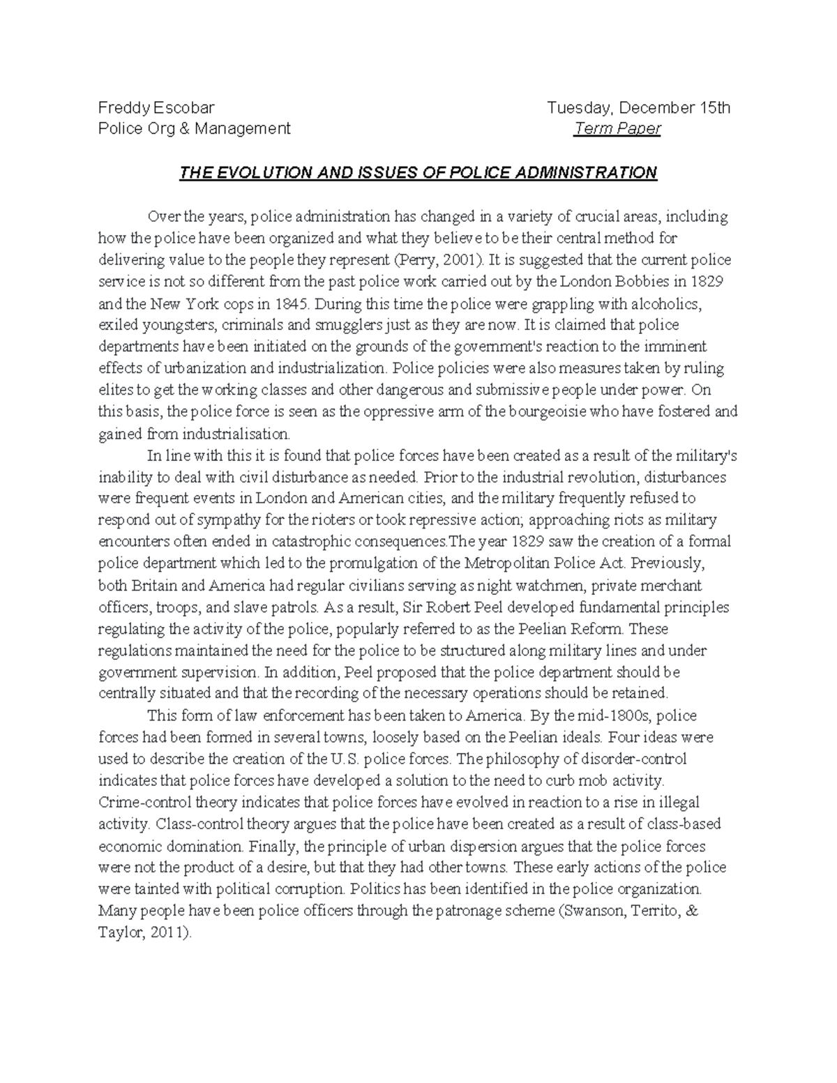 Police Org & Management Term Paper - Freddy Escobar Tuesday, December ...