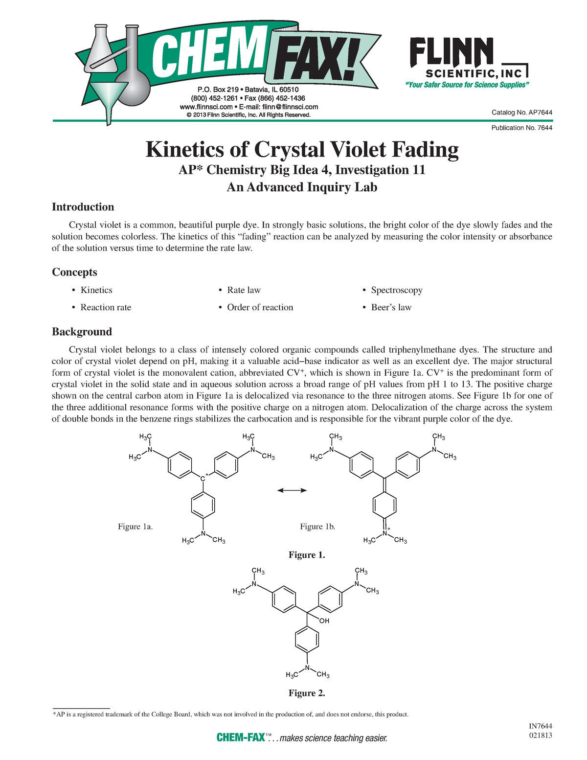 05 crystal violet fading kinetics lab - IN 021813 Catalog No. AP