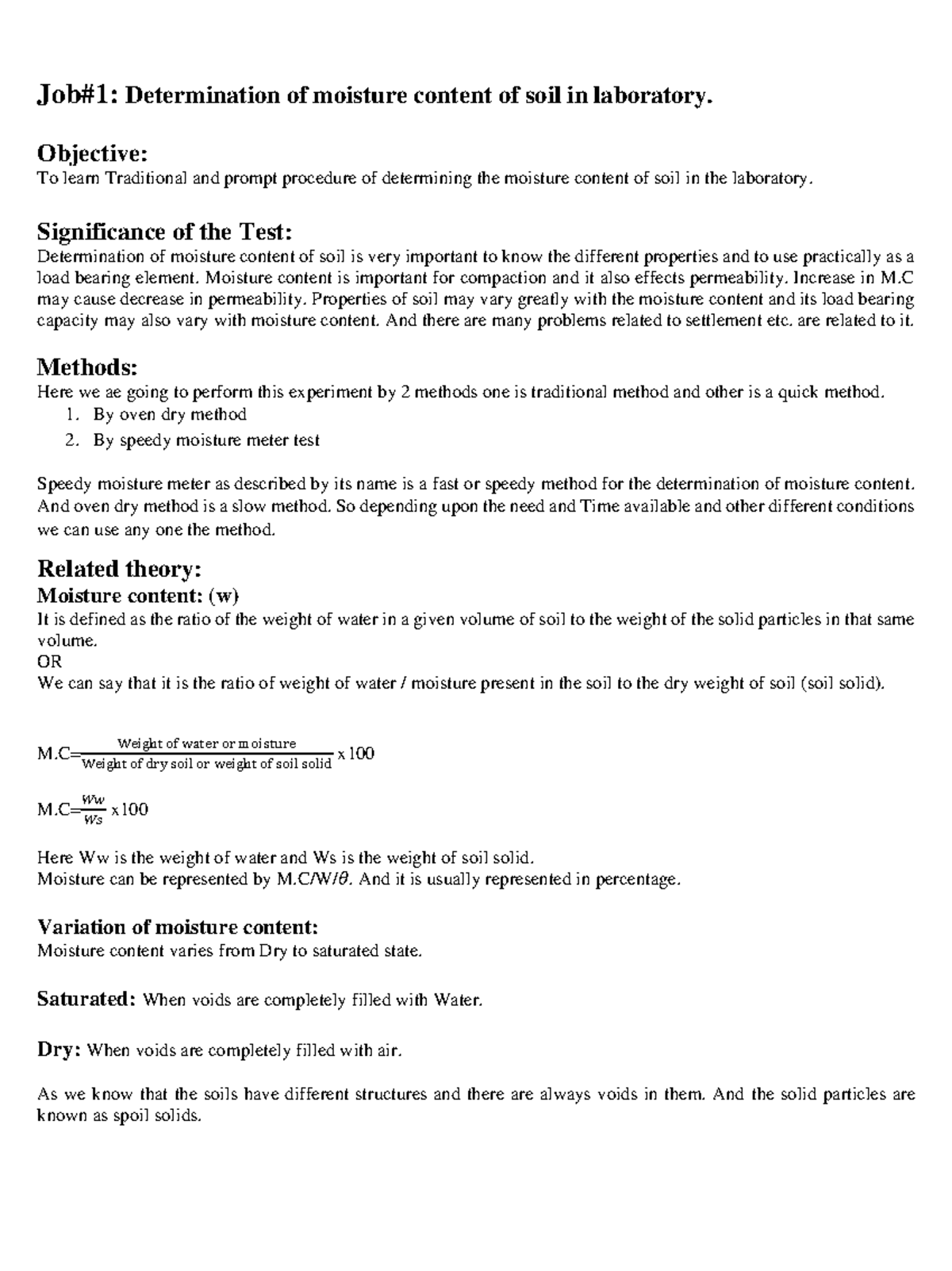 1. Moisture Content Determination - Job#1: Determination of moisture
