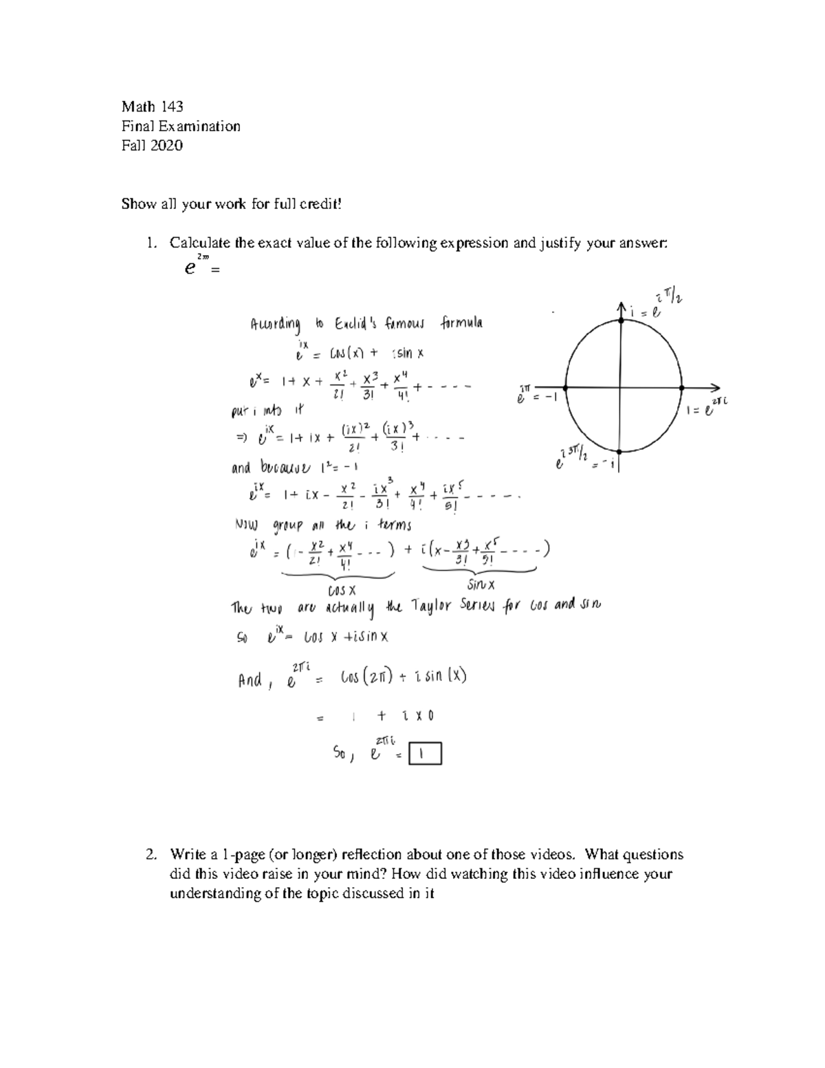 Math 143 Final test - Math 143Final Examination Fall 2020 Show all your ...