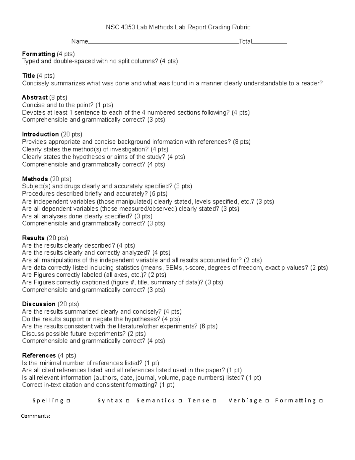NSC 4353 Lab Methods Writing Rubric - NSC 4353 Lab Methods Lab Report ...