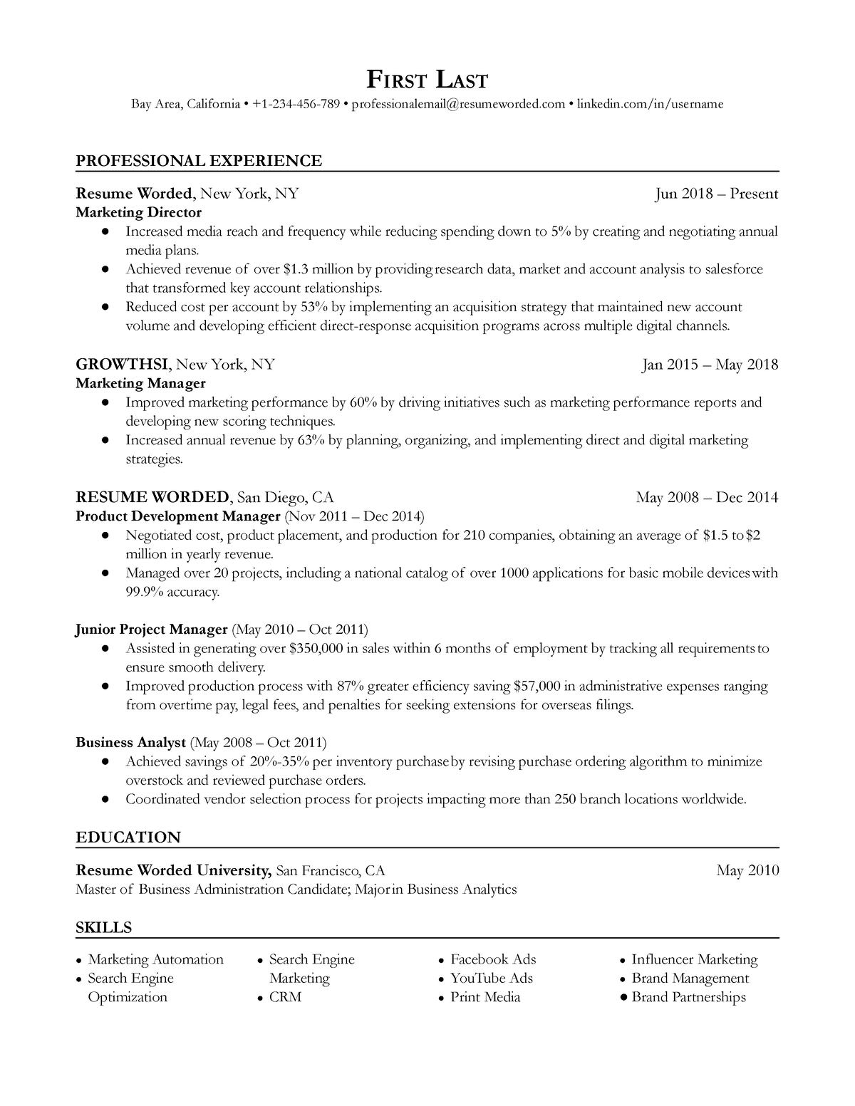 Resume Template Marketing Position - FIRST LAST Bay Area, California ...