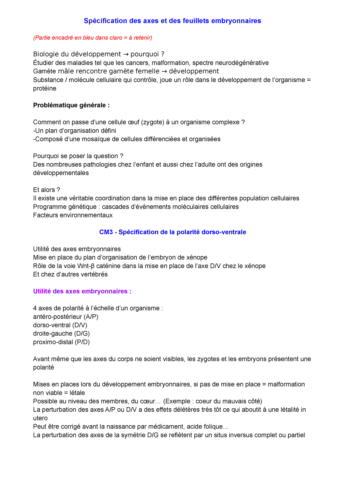 Cm3 Spécification Des Axes Et Des Feuillets Embryonnaires Spécification Des Axes Et Des 