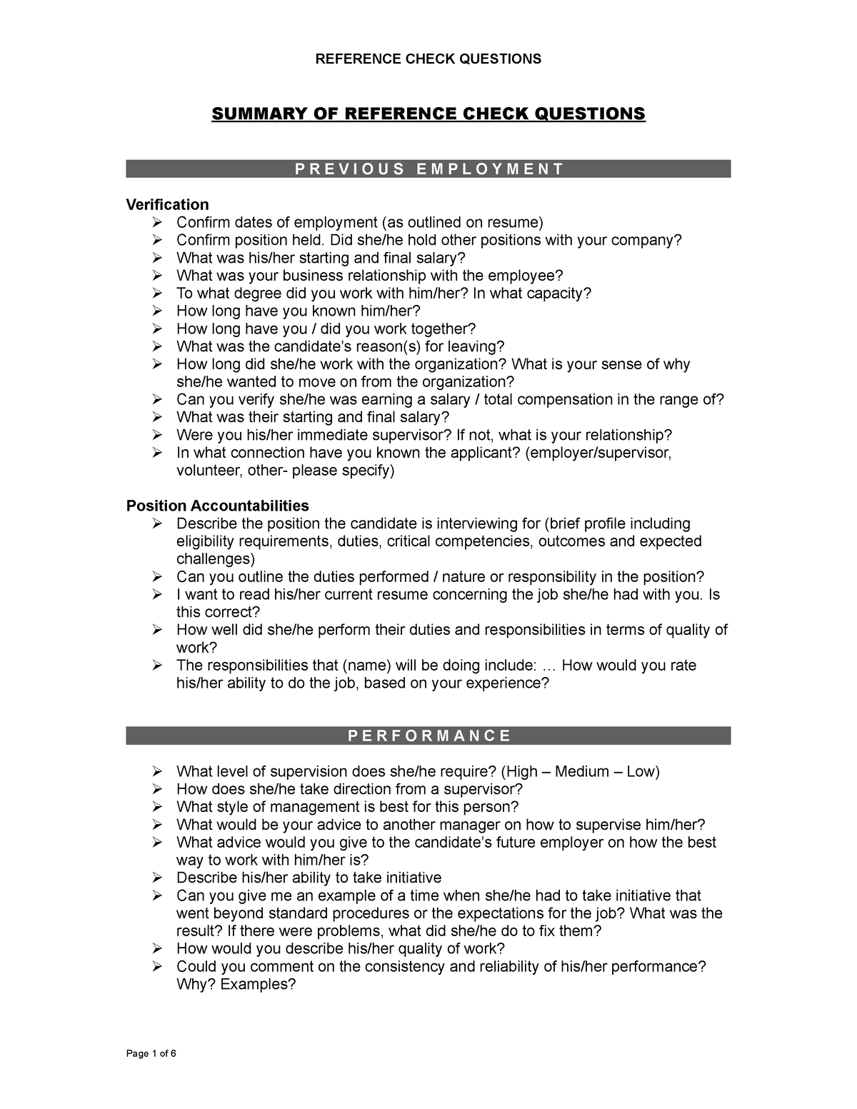 Sample Reference Check Questions Summary Of Reference Check Questions P R E V I O U S E M P L 9321