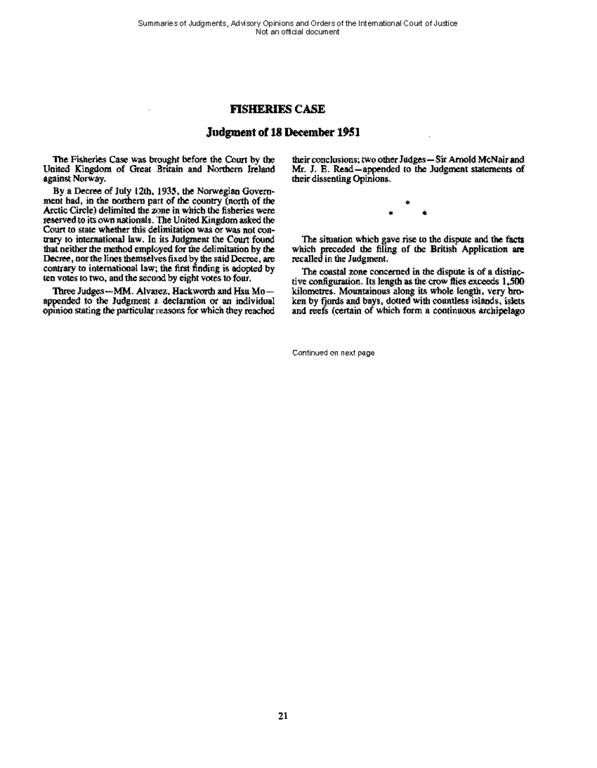 Fisheries case - judgement from court - Judgment of 18 December 1951 ...