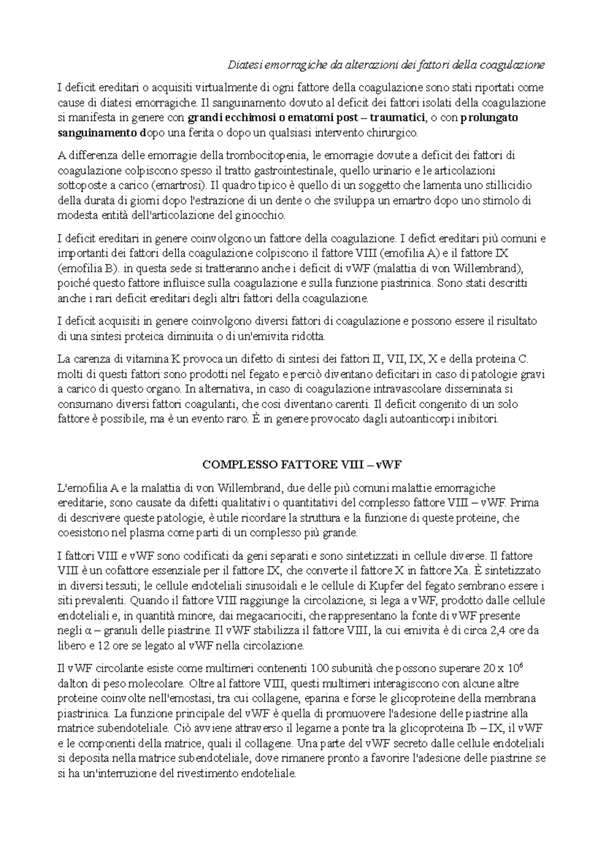 Fisiopatologia Diatesi emorragiche da alterazioni dei fattori della