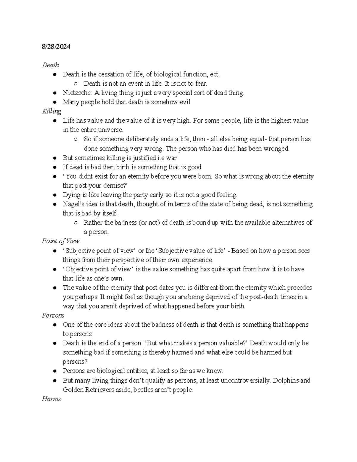PHIL203 Notes - 8/28/ Death Death is the cessation of life, of ...