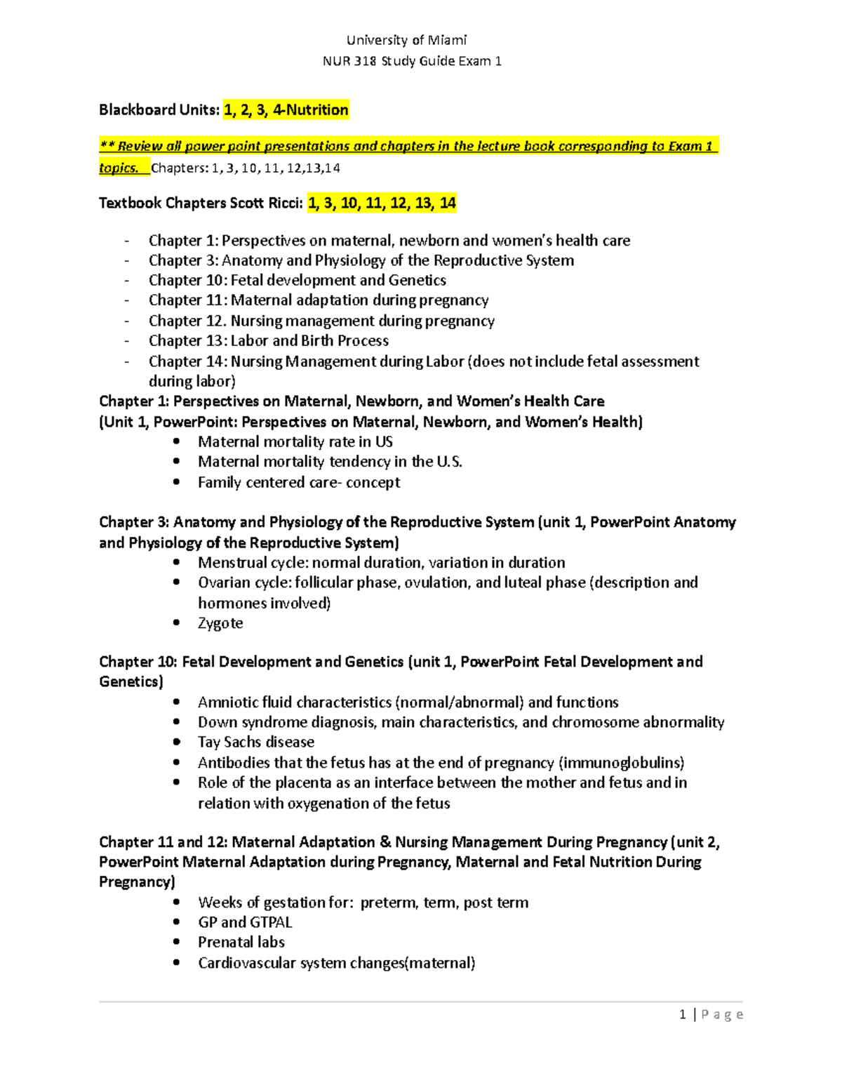 NUR 318 Study Guide Exam 1 - University of Miami NUR 318 Study Guide ...