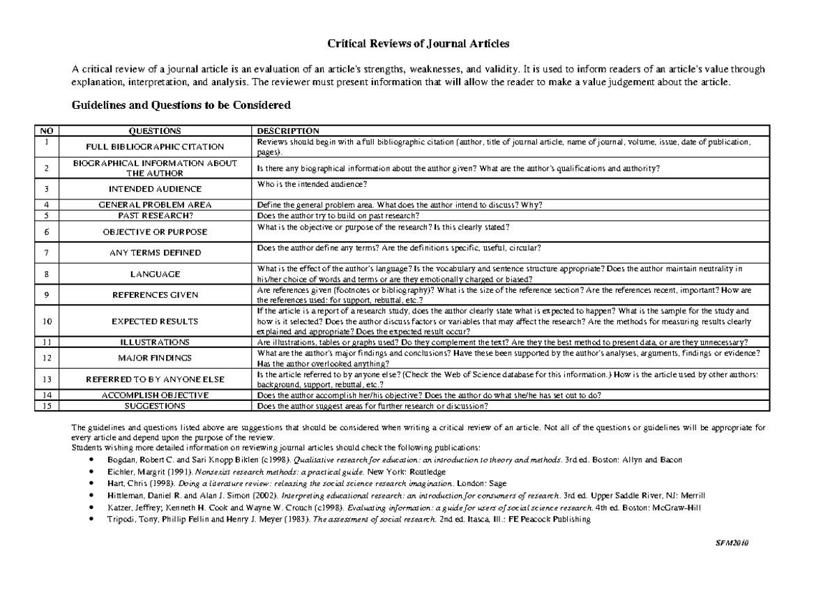 Critical Reviews Guideline - SFM20 10 Critical Reviews of Journal ...