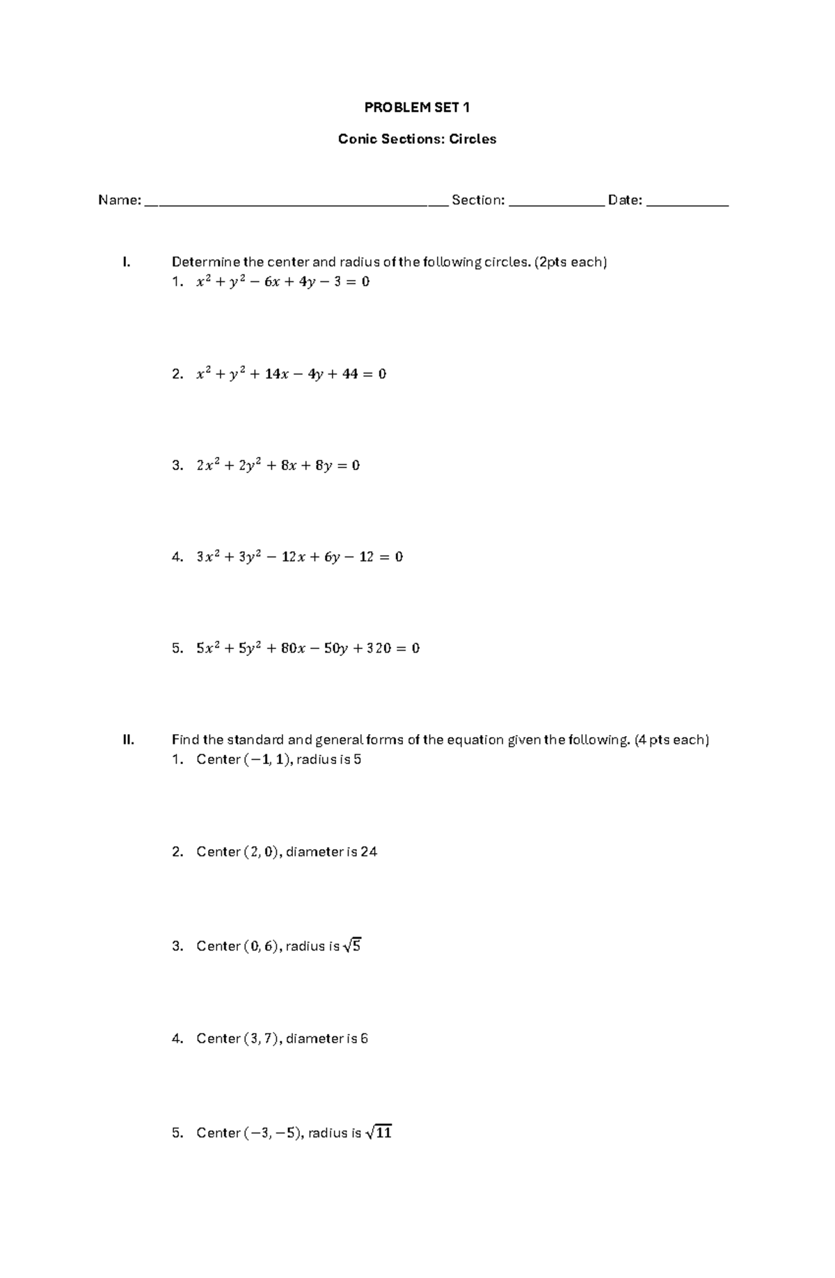 Problem SET 1 Circles - Math assignment - PROBLEM SET 1 Conic Sections ...