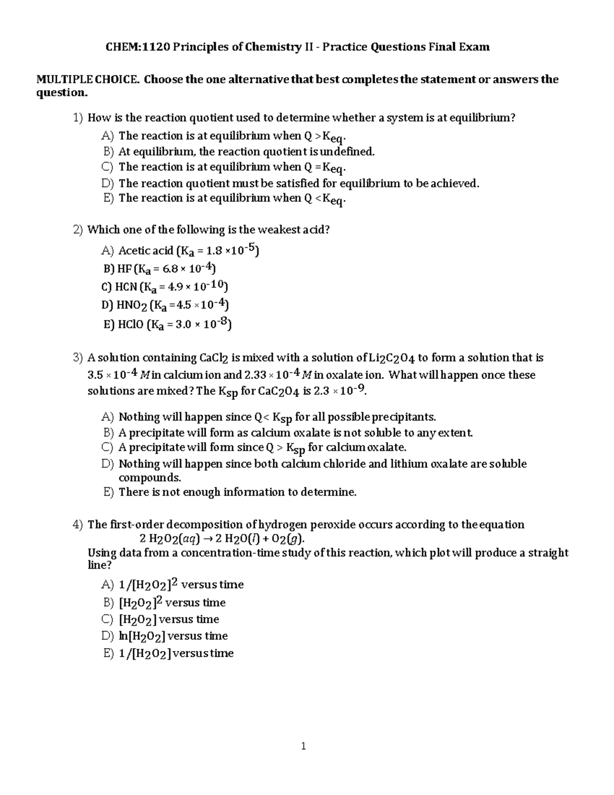 CHEM1120 Practice Questions Finalexam - CHEM:1120 Principles of ...