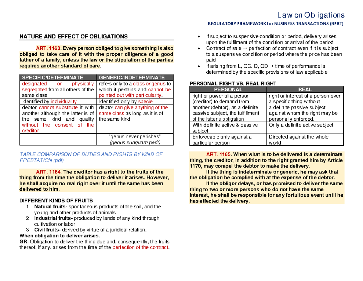 (RFBT) Law On Obligations- Nature, Effect And Extinguishment Of ...