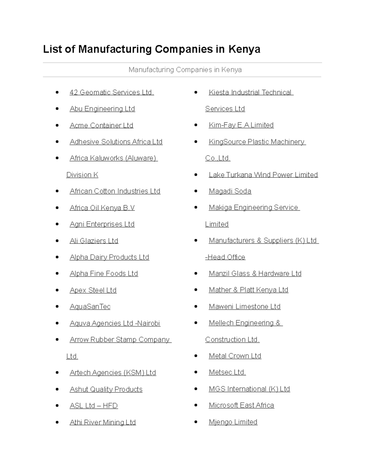 List of Manufacturing Companies in Kenya List of Manufacturing