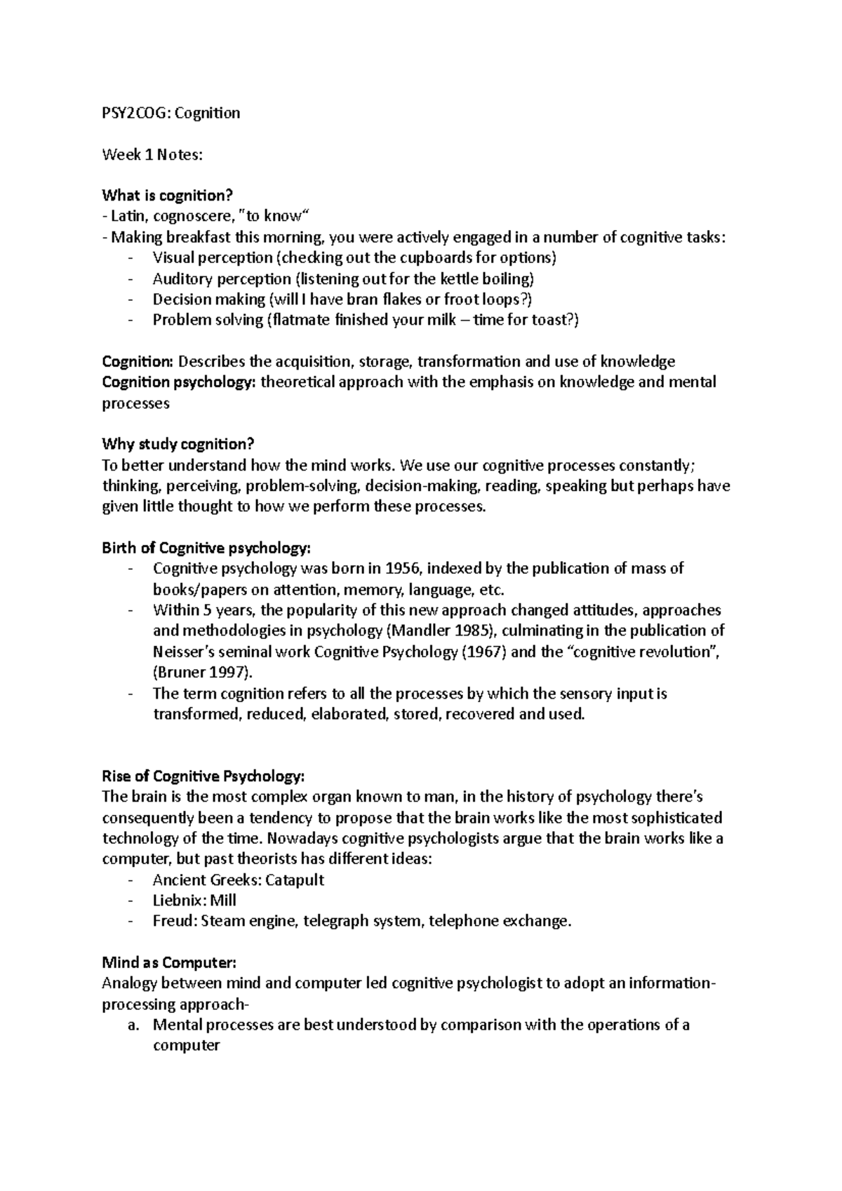 Week 1 notes - PSY2COG: Cognition Week 1 Notes: What is cognition ...