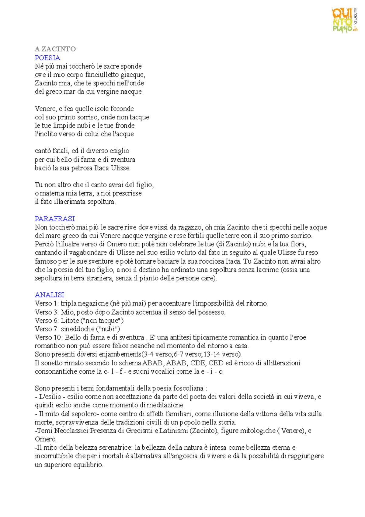 A zacinto alla sera Foscolo A ZACINTO POESIA Né più mai toccherò le sacre sponde ove il mio