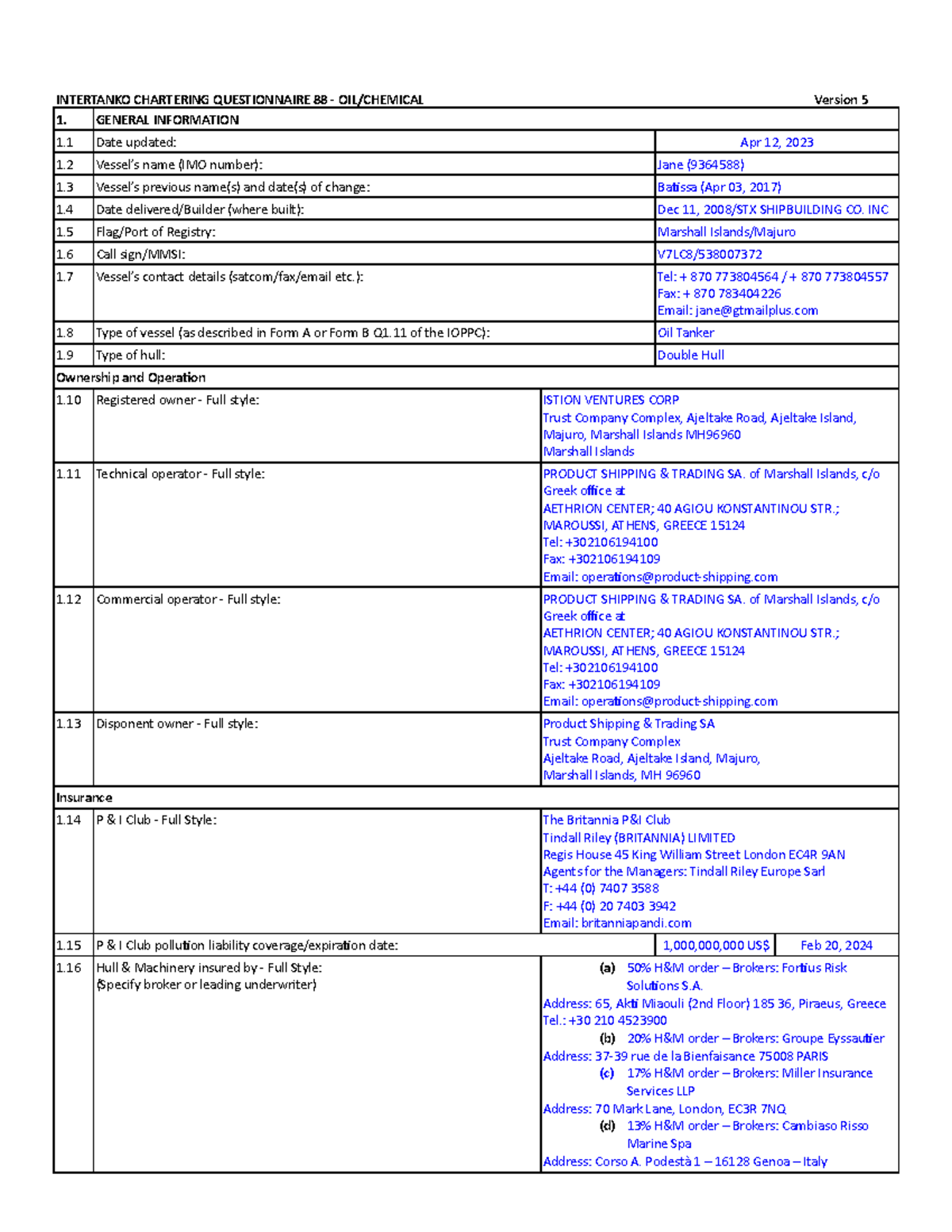 MT JANE Q88 Tests Gasoil Benin - INTERTANKO CHARTERING QUESTIONNAIRE 88 ...