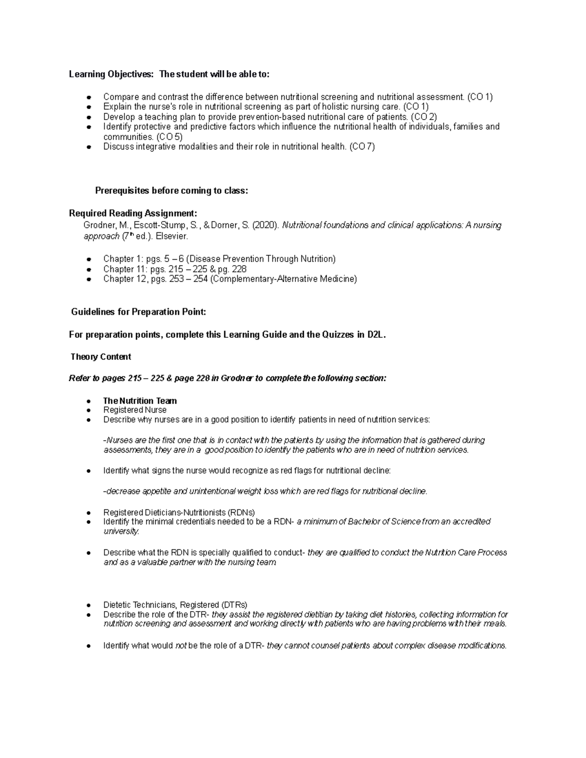 Week 3A Nutrional Screening Learning Guide - Learning Objectives: The ...