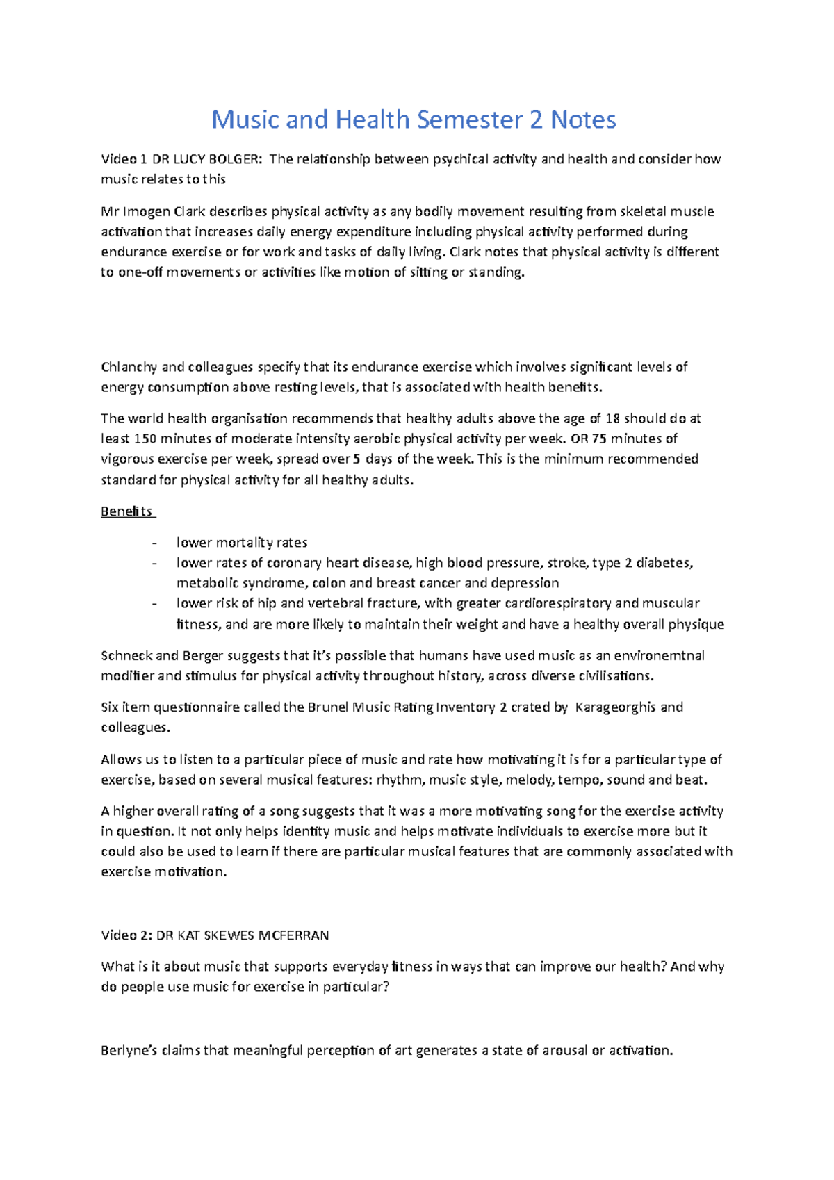 Music and Health Semester 2 Notes Music and Health Semester 2 Notes Video 1 DR LUCY BOLGER