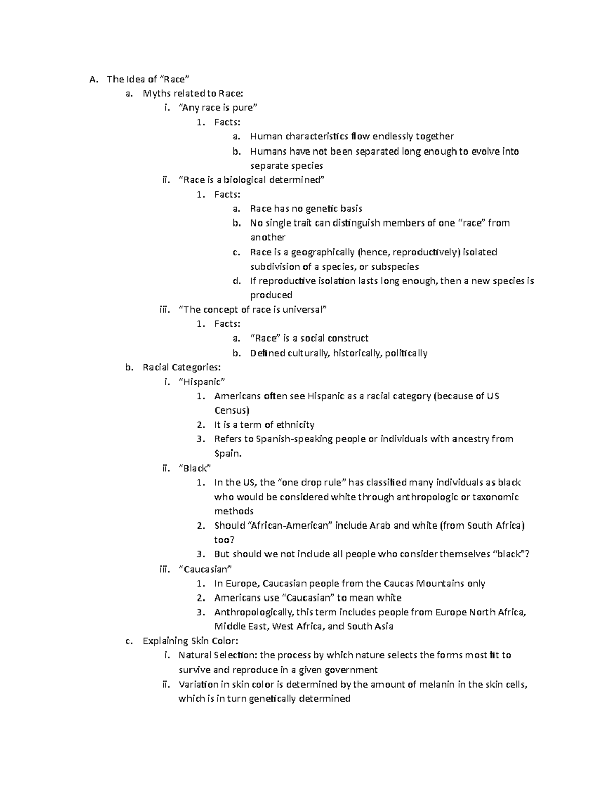 Race and Ethnicity Notes - A. The Idea of “Race” a. Myths related to ...