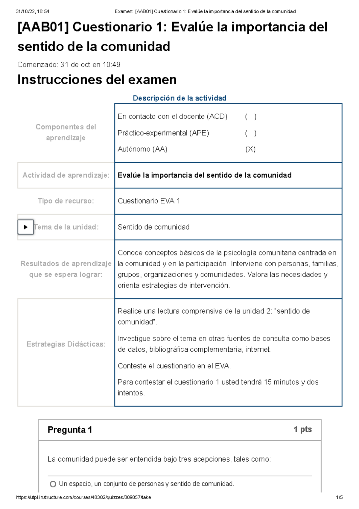 Examen [AAB01] Cuestionario 1 Evalúe La Importancia Del Sentido De La ...