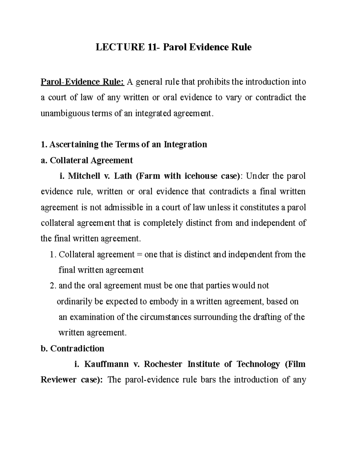 LAW-11 - Lecture Notes 11 - LECTURE 11- Parol Evidence Rule Parol ...