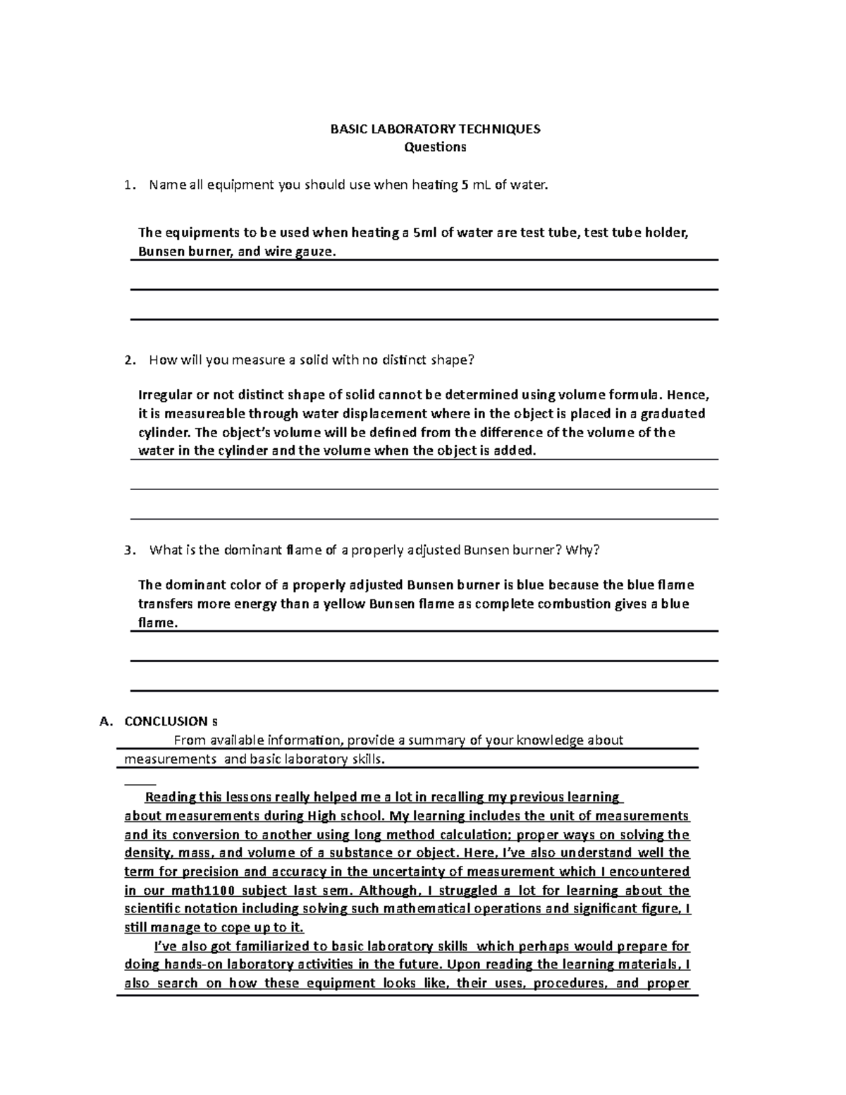 ChemLab Basic Lab Techniques BASIC LABORATORY TECHNIQUES Questions Name all equipment you