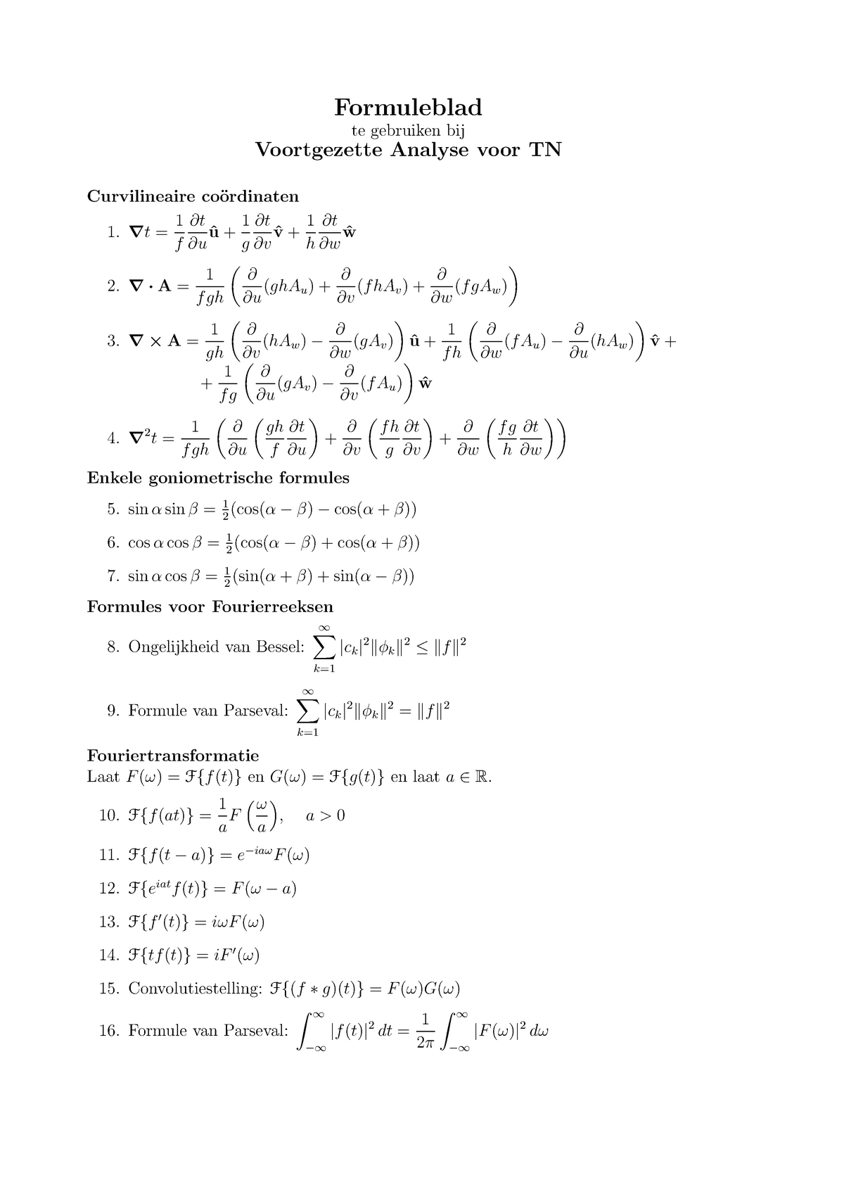 Formuleblad Advanced Calculus Wi1410tn Studeersnel