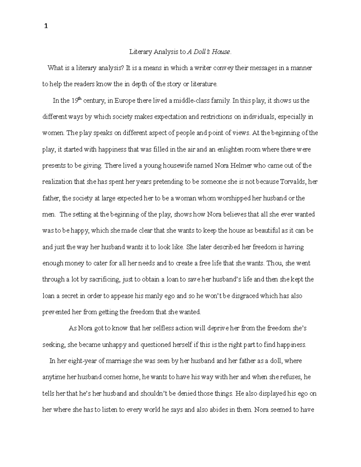 A dolls House 1 Essay for English 1 Literary Analysis to A Doll’s
