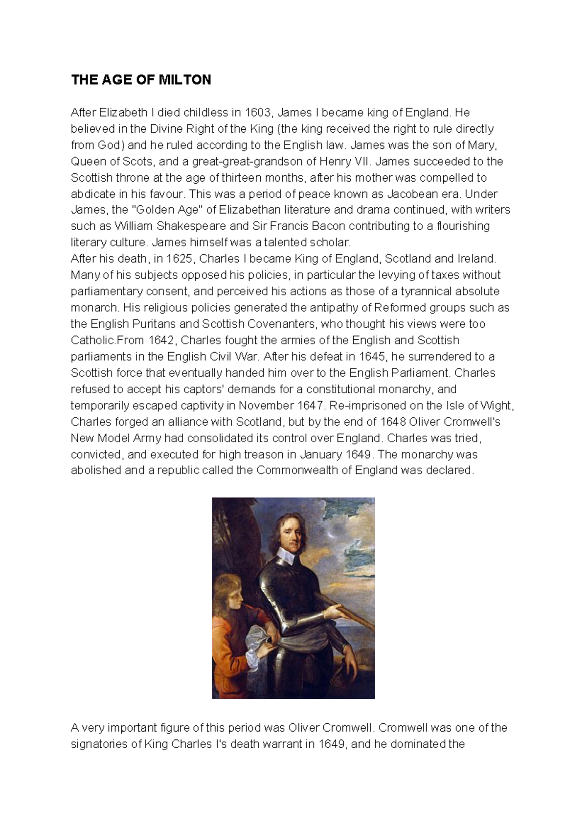 THE AGE OF Milton - Lecture notes 2 - THE AGE OF MILTON After Elizabeth ...