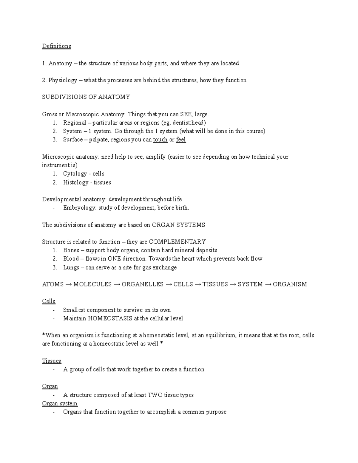 ANP1105 day one lecture notes - Definitions Anatomy – the structure of ...