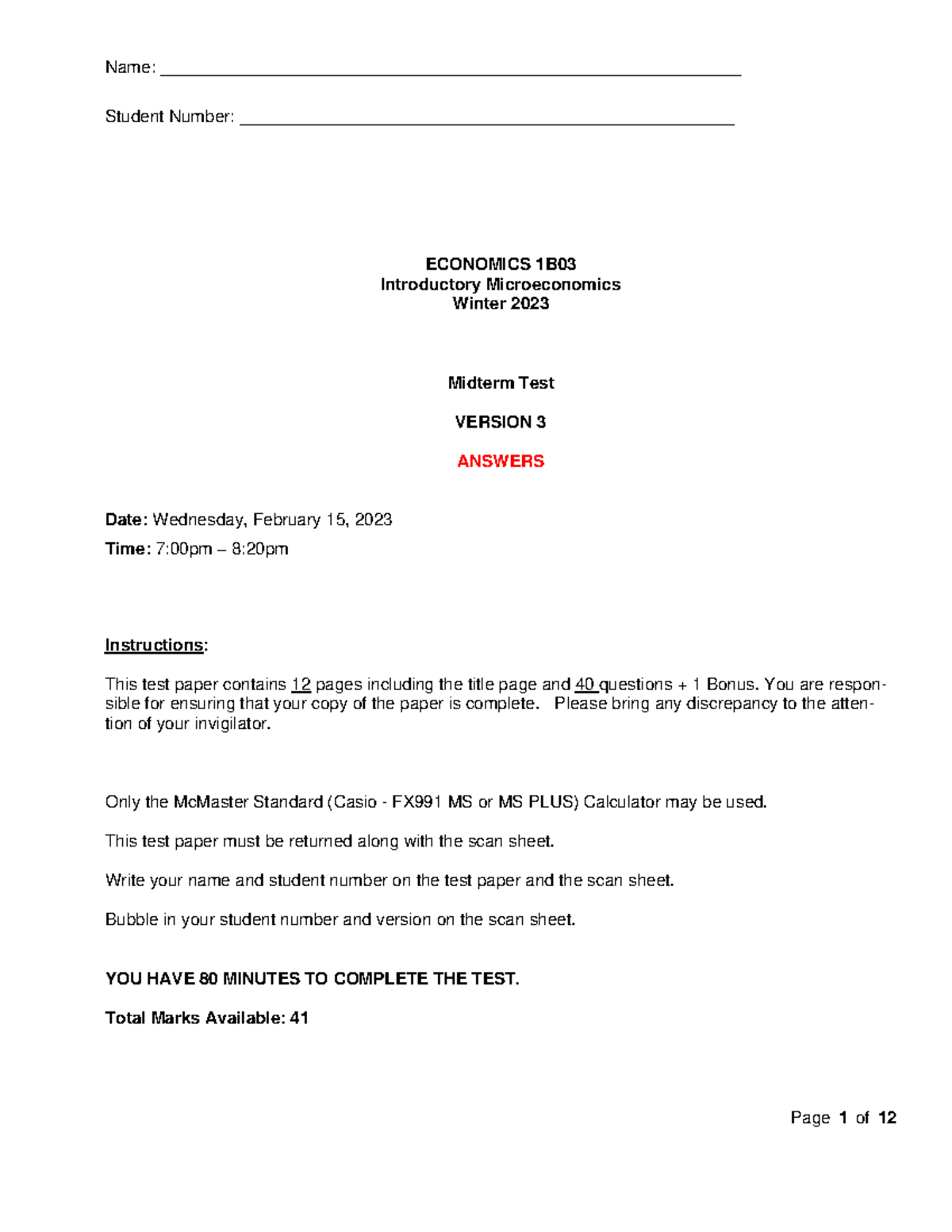 Midterm version 3 with answers - Name