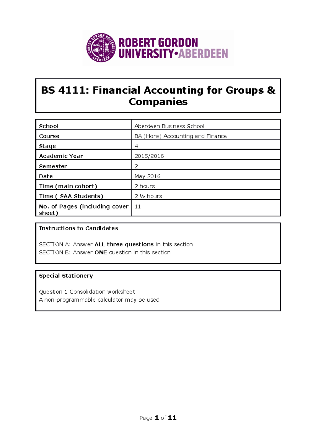 Exam 1 May 2016, questions - BS 4111: Financial Accounting for Groups ...