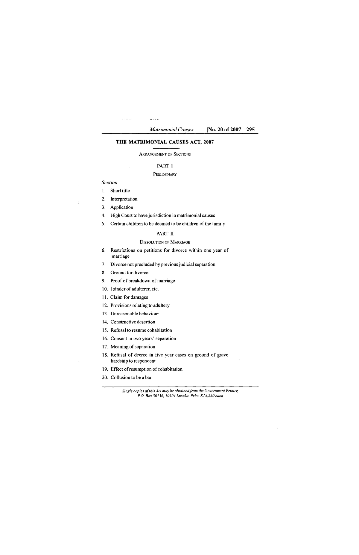 Matrimonial causes act Matrimonial Causes [No. 20 of 2007 295 THE