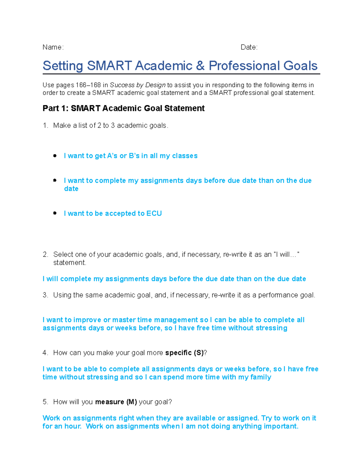 Setting Smart Goals Assignment - Name: Date: Setting SMART Academic ...