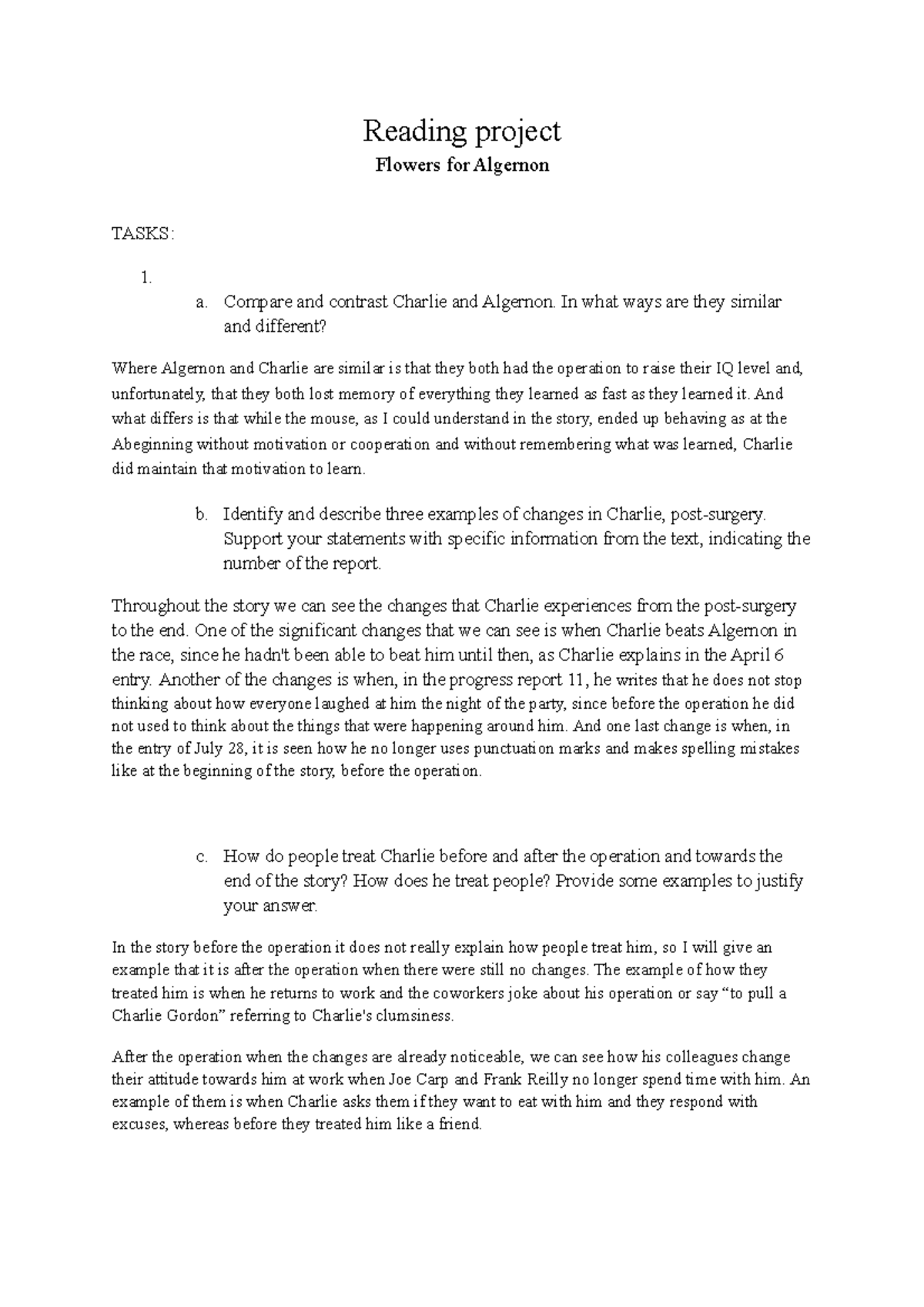 Reading project Reading project Flowers for Algernon TASKS 1. a