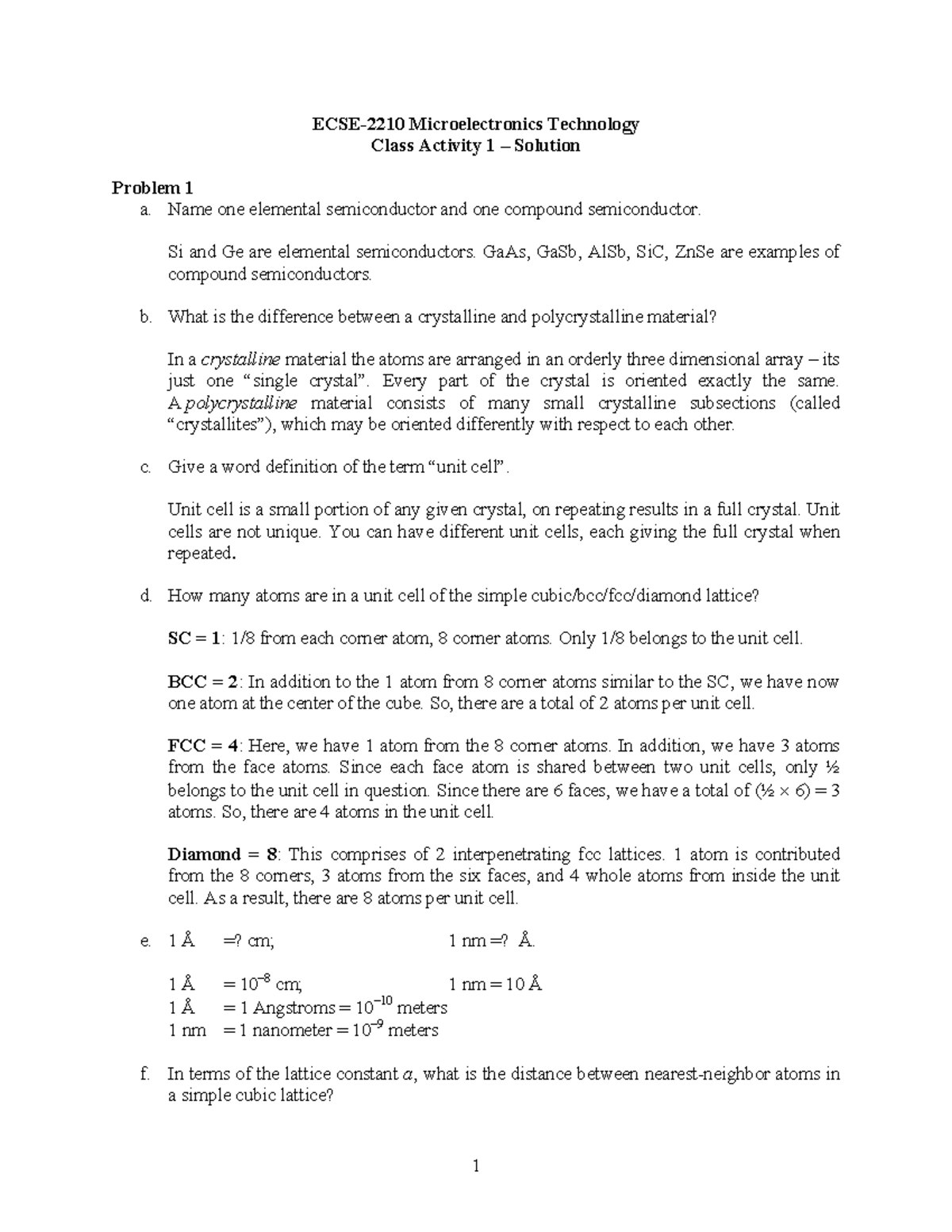 Class activity 01 solution - 1 ECSE-2210 Microelectronics Technology ...