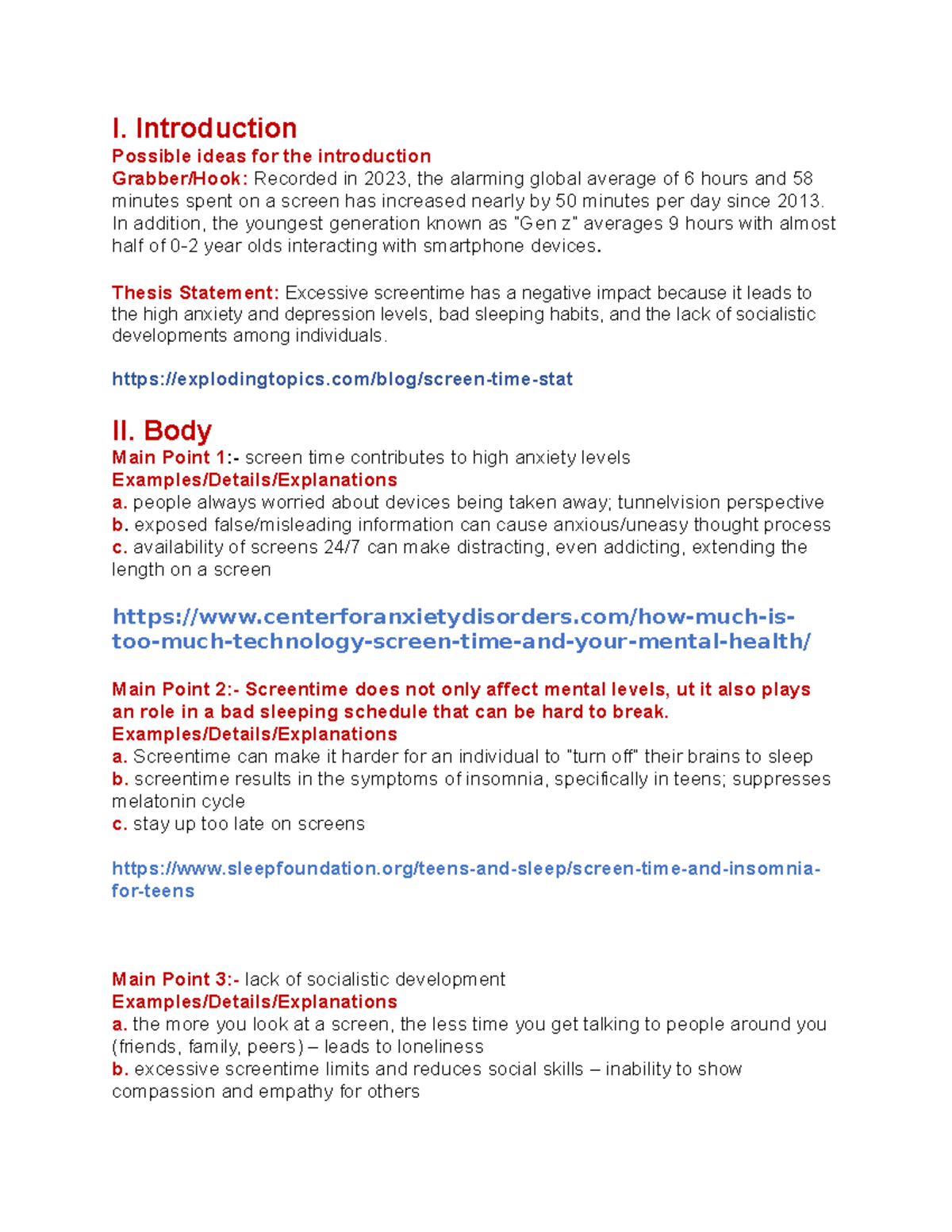 Outline Screentime - english class notes - I. Introduction Possible ...